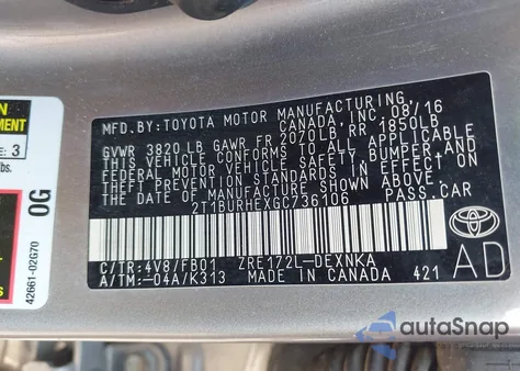 2016 Toyota Corolla Le z USA, uszkodzony, nr VIN 2T1BURHEXGC736106
